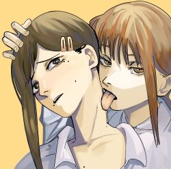Rule 34 | 2girls, @ @, absurdres, artist name, black eyes, brown hair, chainsaw man, collarbone, commentary, english commentary, eyebrows hidden by hair, hair ornament, hairclip, hand on another&#039;s head, higashiyama kobeni, highres, licking, licking another&#039;s neck, makima (chainsaw man), mole, mole on neck, mole under eye, mole under mouth, multiple girls, multiple moles, orange eyes, pastepiphany, red hair, ringed eyes, signature, tongue, tongue out, yuri
