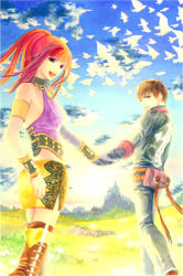 Rule 34 | 1boy, 1girl, :d, backlighting, blue sky, brown hair, day, field, floating hair, grass, karin koenig, looking at viewer, looking back, lowres, open mouth, outdoors, ponytail, red hair, shadow hearts, shadow hearts ii, sidelocks, sky, smile, standing, thigh strap, thighhighs, wind, yuri hyuga