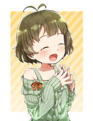 Rule 34 | 1boy, :d, ^ ^, akizuki ryo, antenna hair, aran sweater, blush, bow, brown hair, cable knit, closed eyes, diagonal stripes, green sweater, idolmaster, interlocked fingers, long sleeves, off-shoulder sweater, off shoulder, open mouth, own hands together, puffy long sleeves, puffy sleeves, red bow, ribbed sweater, short hair, sleeves past wrists, smile, solo, striped, striped background, sweater, upper body, yukie (kusaka shi)