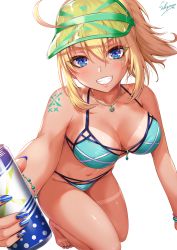 Rule 34 | 1girl, ahoge, aqua bikini, artist name, artoria pendragon (fate), bare arms, bare shoulders, barefoot, bikini, bikini tan, blonde hair, blue eyes, blue nails, blush, breasts, commentary request, fate/grand order, fate (series), grin, groin, hair between eyes, halterneck, highres, holding, kneeling, large breasts, looking at viewer, mysterious heroine x (fate), mysterious heroine xx (fate), nail polish, navel, ponytail, sakiyamama, shadow, short hair, shoulder tattoo, sidelocks, signature, simple background, smile, solo, stomach, swimsuit, tan, tanline, tattoo, thighs, toenail polish, toenails, visor cap, white background