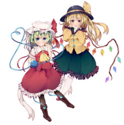 Rule 34 | 2girls, artistic error, ascot, back bow, black headwear, black pantyhose, blonde hair, blouse, blush, boots, bow, breasts, brown footwear, closed mouth, cosplay, costume switch, crystal, fant, flandre scarlet, flandre scarlet (cosplay), frilled shirt collar, frilled skirt, frilled sleeves, frills, full body, green eyes, green skirt, hat, hat bow, hat ribbon, heart, heart of string, highres, komeiji koishi, komeiji koishi (cosplay), large bow, light smile, long sleeves, looking at viewer, mary janes, mob cap, multicolored wings, multiple girls, open mouth, orange eyes, pantyhose, puffy short sleeves, puffy sleeves, red footwear, red ribbon, red skirt, red vest, ribbon, shirt, shoes, short sleeves, simple background, skirt, skirt set, small breasts, third eye, touhou, vest, white background, white bow, white headwear, white shirt, wings, yellow ascot, yellow bow, yellow ribbon, yellow shirt