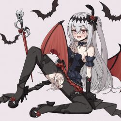 Rule 34 | 1girl, aftersex, bare shoulders, bat wings, black bow, black bowtie, black dress, black footwear, black gloves, blush, bow, bowtie, breasts, choker, commission, cum, cum in pussy, cum overflow, cumdrip, demon girl, dress, fang, fishnets, flower, full body, gloves, hair between eyes, hair flower, hair ornament, high heels, highres, long hair, mare (ac8231), no panties, open mouth, original, pantyhose, pixiv commission, poikuru, pussy, red eyes, red flower, red rose, rose, sitting, small breasts, solo, spread legs, stocks, strapless, strapless dress, sweat, torn clothes, vampire, very long hair, white hair, wings