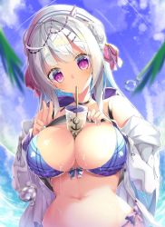 Rule 34 | 1girl, ahoge, azur lane, bikini, blush, bow, breasts, bubble tea, bubble tea challenge, cleavage, commentary request, cup, cygnet (azur lane), cygnet (sea star on shore) (azur lane), drinking, drinking straw, hair bun, hair ornament, hairclip, hat, highres, large breasts, long hair, looking at viewer, mitsuhamochi, nail polish, navel, official alternate costume, pink eyes, purple bow, ribbon, silver hair, single hair bun, solo, swimsuit, unbuttoned, unbuttoned shirt, water drop