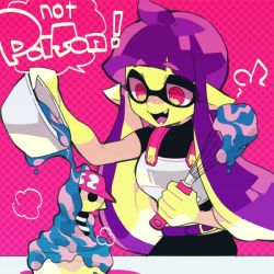 Rule 34 | 1girl, bad food, bowl, commentary request, cooking, cosplay, english text, fangs, inkling, inkling girl, inkling player character, long hair, mask, musical note, nana (raiupika), nintendo, purple hair, red eyes, takozonesu, takozonesu (cosplay), tentacle hair, whisk