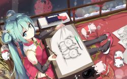 Rule 34 | 1girl, aqua eyes, aqua hair, artist name, asahi kuroi, china dress, chinese clothes, detached sleeves, double bun, dress, from above, full body, hair bun, hatsune miku, highres, indoors, long hair, nail polish, paintbrush, painting (action), painting (object), paper, pig, sidelocks, sitting, solo, spring onion, thighhighs, twintails, vocaloid, window