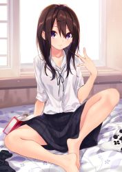 Rule 34 | 1girl, bad id, bad twitter id, barefoot, bedroom, black skirt, breast pocket, brown hair, closed mouth, collared shirt, dress shirt, feet, food, hair between eyes, hair ornament, holding, holding food, indoors, legs, light smile, long hair, looking at viewer, on bed, original, playstation controller, pocket, pocky, purple eyes, shirt, short sleeves, sitting, skirt, solo, striped clothes, striped skirt, sushikuugo (suisen), thighs, unworn socks, white shirt, window, x hair ornament
