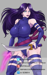 Rule 34 | 1girl, breasts, huge breasts, leotard, marvel, muramasa (artist), psylocke, purple hair, solo, sword, weapon, x-men
