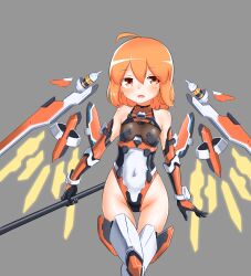 Rule 34 | ahoge, artist request, black gloves, covered navel, elbow gloves, energy wings, gatasu313, gloves, grey background, groin, highleg, highleg leotard, highres, leotard, mechanical wings, open mouth, orange eyes, orange gloves, orange hair, original, short hair, simple background, staff, tagme, thigh gap, thighhighs, two-tone gloves, weapon, white leotard, white thighhighs, wings