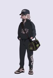 Rule 34 | 1girl, bag, baseball cap, black hat, black jacket, black pants, blue eyes, closed mouth, commentary request, duffel bag, expressionless, full body, grey hair, hands in pockets, hat, highres, jacket, korean commentary, long sleeves, love live!, love live! sunshine!!, medium hair, pants, pito (sh02327), purple background, shoes, shoulder bag, simple background, sneakers, solo, watanabe you, white footwear