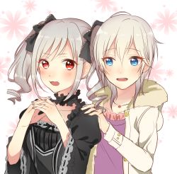 Rule 34 | 10s, 2girls, anastasia (idolmaster), behind another, black bow, black dress, black nails, blue eyes, bow, choker, coat, dress, drill hair, eyelashes, floral background, fur-trimmed jacket, fur trim, gothic lolita, grey hair, hair bow, hand on another&#039;s shoulder, hushimi-nanodesu, idolmaster, idolmaster cinderella girls, interlocked fingers, jacket, jewelry, kanzaki ranko, lolita fashion, looking to the side, multiple girls, nail polish, necklace, purple shirt, red eyes, shirt, t-shirt, twintails, wavy mouth, white coat
