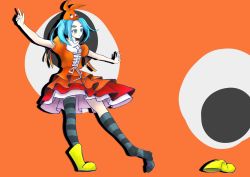 Rule 34 | 1girl, aqua hair, boots, googly eyes, highres, monogatari (series), ononoki yotsugi, orange background, outstretched arms, rubber boots, single boot, sock dangle, spread arms, standing, standing on one leg, striped clothes, striped legwear, striped thighhighs, thighhighs, two-tone legwear, unworn boots, unworn shoe