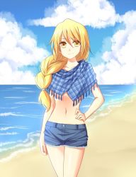 Rule 34 | 1girl, beach, blonde hair, cloud, cloudy sky, day, long hair, md5 mismatch, midriff, mylovelydevil, navel, original, outdoors, short shorts, shorts, sky, smile, solo, yellow eyes