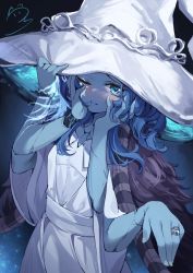 Rule 34 | 1girl, absurdres, arm up, blue eyes, blue hair, blue skin, blush, cloak, closed mouth, colored skin, dress, elden ring, extra arms, extra faces, fur cloak, hair in own mouth, hand on headwear, hands on own cheeks, hands on own face, hands up, hat, highres, jewelry, long hair, looking at viewer, nahaki, one eye closed, ranni the witch, ring, solo, spoilers, upper body, white dress, white hat, witch hat