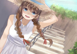 Rule 34 | 1girl, :d, absurdres, arm up, blue eyes, blue sky, braid, day, dress, dutch angle, hat, highres, open mouth, original, outdoors, red ribbon, ribbon, sky, sleeveless, sleeveless dress, smile, sorano 0617, stairs, straw hat, summer, twin braids, twintails, white dress