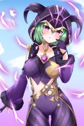 Rule 34 | 1girl, absurdres, bare shoulders, blush, bodysuit, breasts, cicin mage (genshin impact), cloak, detached sleeves, electricity, electro cicin mage (genshin impact), genshin impact, gloves, green hair, highres, hood, hooded cloak, large breasts, looking at viewer, min1910, purple eyes, shiny clothes, short hair, skin tight, smile, solo, tongue, tongue out