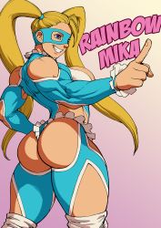 Rule 34 | 1girl, ass, blonde hair, blue eyes, blue leotard, breasts, capcom, clothing cutout, cowboy shot, domino mask, grin, large breasts, leotard, long hair, mask, muscular, muscular female, pointing, pokkuti, rainbow mika, smile, solo, street fighter, street fighter v, thick thighs, thighs, twintails, wrestling outfit