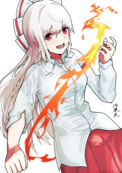 Rule 34 | 1girl, absurdres, artist name, bow, clenched hand, fire, fujiwara no mokou, hair ornament, highres, long hair, open hand, open mouth, red eyes, red skirt, shirt, skirt, sleeves rolled up, smile, solo, touhou, white background, white hair, white shirt, yagoro kusuriya