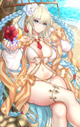 Rule 34 | 1girl, absurdres, bare shoulders, beach, bikini, blue eyes, blue hair, braid, breasts, cleavage, commentary, cup, detached sleeves, drinking glass, fate/grand order, fate (series), flower, french braid, gold trim, hair flower, hair ornament, hair ribbon, hammock, highres, large breasts, long hair, long sleeves, looking at viewer, morgan le fay (fate), morgan le fay (water princess) (fate), nez-box, ponytail, puffy long sleeves, puffy sleeves, ribbon, shore, sidelocks, solo, stomach tattoo, swimsuit, tattoo, thighlet, thighs, twin braids, very long hair, white bikini, white hair