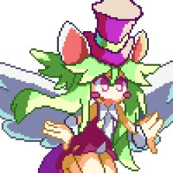 Rule 34 | 1girl, animal ears, blush stickers, breasts, green hair, hat, leotard, lowres, mad rat dead, mouse (animal), mouse ears, mouse girl, nippon ichi, pixel art, rat god, red eyes, tie clip, top hat, transparent background, wings, wrist cuffs