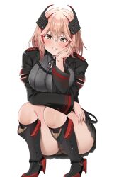 Rule 34 | 1girl, :d, amamiya akira, arm on knee, arm support, arm under breasts, armored boots, ass, azur lane, black jacket, black panties, black skirt, blonde hair, blush, boots, breast rest, breasts, collared shirt, commentary request, cross, full body, grey shirt, grin, hair between eyes, hand on own cheek, hand on own face, head rest, headgear, high heel boots, high heels, iron cross, jacket, knee boots, kneeling, knees together feet apart, large breasts, leaning forward, long sleeves, looking at viewer, medium hair, multicolored hair, open clothes, open jacket, open mouth, panties, parted lips, pleated skirt, red hair, roon (azur lane), shirt, skirt, smile, solo, streaked hair, thighs, two-tone hair, underwear, upskirt, yellow eyes