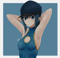 Rule 34 | 1girl, armpits, arms behind head, arms up, bad id, bad pixiv id, bare arms, bare shoulders, blue background, blue eyes, blue hair, blue hat, border, breasts, cabbie hat, cleavage, cleavage cutout, closed mouth, clothing cutout, covered erect nipples, grey border, hat, highres, looking at viewer, love (pspdspsp), medium breasts, medium hair, original, signature, simple background, sleeveless, smile, solo, upper body, water, water drop, wet, wet clothes