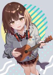 Rule 34 | 1girl, absurdres, blush, bown hair, commentary request, grey jacket, guitar, hair ornament, hairclip, headphones, headphones around neck, highres, holding, holding guitar, holding instrument, instrument, jacket, kan&#039;yu (citron 82), looking at viewer, nanami (virtuareal), nijisanji, open mouth, plaid, plaid skirt, pleated skirt, red skirt, school uniform, shirt, skirt, smile, solo, thighs, virtual youtuber, virtuareal, white shirt, yellow eyes