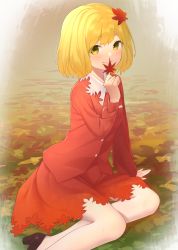 Rule 34 | 1girl, aki shizuha, bare legs, black footwear, blonde hair, blush, breasts, buttons, closed mouth, collared shirt, hair ornament, hand up, high heels, highres, holding, holding leaf, kanpa (campagne 9), leaf, leaf hair ornament, leaf on head, leaf print, long sleeves, looking at viewer, maple leaf, maple leaf print, on ground, pumps, red shirt, red skirt, shirt, short hair, sitting, skirt, skirt set, small breasts, smile, solo, touhou, wing collar, yellow eyes, yokozuwari