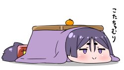 Rule 34 | 1girl, absurdly long hair, blush, chibi, closed mouth, fate/grand order, fate (series), food, fruit, hair between eyes, highres, kotatsu, long hair, low-tied long hair, lying, mandarin orange, minamoto no raikou (fate), on stomach, purple eyes, purple hair, rei (rei rr), simple background, smile, solo, table, translated, under kotatsu, under table, very long hair, white background, wide face