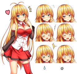 Rule 34 | &gt; &lt;, 1girl, anger vein, angry, antenna hair, blonde hair, blush, breasts, cleavage, detached sleeves, expressions, closed eyes, green eyes, happy, headset, heart, long hair, looking at viewer, medium breasts, nazu-na, necktie, o o, open mouth, red thighhighs, single thighhigh, skirt hold, smile, solo, standing, surprised, tachi-e, thighhighs, transparent background, tsurumaki maki, very long hair, vocaloid, voiceroid