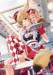 1girl animal_ear_fluff animal_ears apron argyle_clothes argyle_thighhighs black_hair blonde_hair brown_vest burger casino_(casinoep) commentary_request diner dorsiflexion feet fishnet_thighhighs fishnets food food_on_hand foot_out_of_frame fox_ears fox_girl fox_tail frilled_overskirt frilled_sleeves frills gloves greek_toe hat highres holding holding_plate holding_tray hololive indoors knee_up layered_skirt legs looking_at_viewer medium_hair miniskirt multicolored_hair nail_polish name_tag no_shoes official_alternate_costume official_alternate_hairstyle omaru_polka omaru_polka_(6th_costume) on_table overskirt paid_reward_available parfait peaked_cap pink_hair plate pleated_skirt puffy_short_sleeves puffy_sleeves purple_eyes red_gloves red_overskirt red_skirt red_thighhighs restaurant shirt short_sleeves single_glove sitting skirt soles solo stirrup_legwear streaked_hair table tail thighhighs tilted_headwear toeless_legwear toenail_polish toenails toes tray vertical-striped_sleeves vest virtual_youtuber waist_apron waitress white_apron white_shirt wrist_cuffs