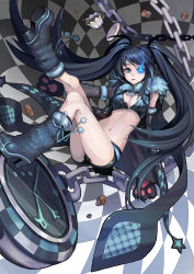 Rule 34 | 10s, 1girl, absurdres, animal hands, belt, bikini, bikini top only, black hair, black rock shooter, black rock shooter (character), blue eyes, boots, breasts, chain, checkered floor, chocolate, cleavage, clock, coffee mug, cup, elbow gloves, floating hair, floor, food, from side, front-tie top, full body, fur boots, fur collar, fur trim, gloves, glowing, glowing eye, high heel boots, high heels, highres, hip focus, knee boots, kneepits, leg up, long hair, looking at viewer, midriff, mug, navel, open clothes, parted lips, paw gloves, pocket watch, pom pom (clothes), racoona, saucer, short shorts, shorts, solo, spill, star (symbol), swept bangs, swimsuit, teacup, twintails, very long hair, watch