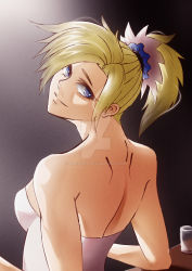 Rule 34 | 1girl, back, bare shoulders, blonde hair, blue eyes, closed mouth, cup, dress, drewz92, drinking glass, eyelashes, from behind, glass, hair ornament, hair scrunchie, head tilt, highres, looking at viewer, looking back, mercy (overwatch), overwatch, overwatch 1, ponytail, scrunchie, shaft look, short hair, shoulder blades, smile, solo, strapless, strapless dress, table, upper body, watermark, white dress