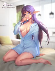 Rule 34 | 1girl, blue eyes, blue shirt, blurry, blurry background, breasts, depth of field, hand up, head tilt, highres, long hair, long sleeves, looking at viewer, medium breasts, naked shirt, on bed, pointy ears, purple hair, roxxxan, seductive smile, shirt, sitting, smile, solo, warcraft, world of warcraft
