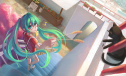 Rule 34 | 1girl, aqua eyes, aqua hair, bespectacled, casual, cat, cattail, from above, glasses, hatsune miku, highres, long hair, looking up, musical note, open mouth, perspective, plant, popsicle, quaver, red-framed eyewear, semi-rimless eyewear, shon, shorts, smile, solo, stairs, suspenders, tongue, very long hair, vocaloid