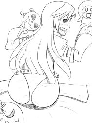 Rule 34 | 1girl, arc system works, artist request, ass, ball and chain restraint, belt, bodysuit, familiar, from behind, grin, guilty gear, guilty gear xrd, highres, jack-o&#039; valentine, long hair, looking at viewer, looking back, mask, monochrome, pantylines, shadow, sitting, skin tight, smile, solo, very long hair, wariza