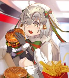 Rule 34 | 1girl, ahoge, bell, bikini, bikini top only, black bikini, black gloves, blush, bow, breasts, burger, capelet, eating, elbow gloves, fate/grand order, fate (series), food, french fries, fur-trimmed capelet, fur trim, genshu doki, gloves, green bow, green ribbon, hair ornament, hair ribbon, headpiece, highres, jeanne d&#039;arc alter santa lily (fate), open mouth, ribbon, small breasts, solo, striped bow, striped ribbon, swimsuit, white capelet, white hair, yellow eyes