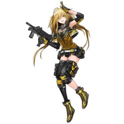Rule 34 | 1girl, ahoge, arm up, armpits, belt, black gloves, black skirt, blonde hair, blush, boots, breasts, cropped vest, cross-laced footwear, elbow gloves, elbow pads, fishnets, full body, girls&#039; frontline, gloves, gun, hair between eyes, holding, holding gun, holding weapon, hood, hood down, hooded vest, hoodie, infukun, knee pads, lace-up boots, long hair, looking at viewer, machine pistol, magazine (weapon), medium breasts, minebea pm-9, miniskirt, official art, pm-9 (girls&#039; frontline), simple background, single elbow glove, single elbow pad, single thighhigh, skirt, solo, strapless, submachine gun, thigh strap, thighhighs, transparent background, trigger discipline, tube top, vest, w, weapon, wedge heels, yellow eyes, yellow footwear, yellow gloves