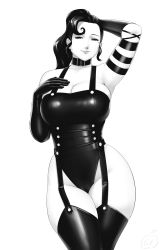 Rule 34 | 1girl, bare shoulders, breasts, cleavage, cowboy shot, curvy, dominatrix, elbow gloves, fullmetal alchemist, garter straps, gloves, greyscale, highres, large breasts, long hair, lvl (sentrythe2310), mole, mole under eye, monochrome, simple background, solo, thick thighs, thighs, white background, wide hips