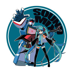 Rule 34 | 1980s (style), 1boy, 1girl, aqua eyes, aqua hair, black thighhighs, boots, crossover, decepticon, detached sleeves, floating hair, green eyes, green hair, guitar, hatsune miku, headset, heart, instrument, long hair, machine, machinery, mecha, necktie, oldschool, retro artstyle, rkp, robot, science fiction, skirt, sleeveless, smile, soundwave (transformers), thigh boots, thighhighs, transformers, transformers: generation 1, twintails, very long hair, vocaloid