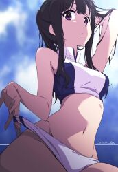 Rule 34 | 1girl, arm behind head, black hair, blue background, breasts, closed mouth, commentary request, dated, highres, inoue takina, long hair, looking at viewer, lycoris recoil, medium breasts, midriff, navel, nii manabu, purple eyes, signature, solo, sports bra, white sports bra