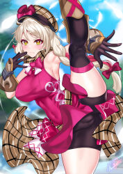 Rule 34 | absurdres, alternate breast size, armpits, axe kick, black gloves, black shorts, black thighhighs, blonde hair, bow, braid, breasts, brown scarf, cameltoe, deerstalker, dress, fire emblem, fire emblem engage, framme (fire emblem), gloves, hat, hat ribbon, high kick, highres, impossible clothes, kicking, large breasts, long hair, martial arts, multicolored hair, nez-box, nintendo, pink bow, pink dress, pink hair, plaid, plaid headwear, plaid scarf, ribbon, scarf, shorts, single braid, sleeveless, sleeveless dress, standing, standing on one leg, thick thighs, thighhighs, thighs, two-tone hair, wrist guards, yellow eyes