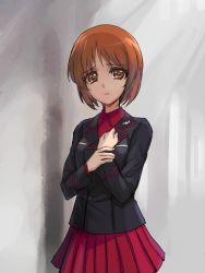 Rule 34 | 10s, 1girl, alternate costume, brown eyes, brown hair, dress shirt, girls und panzer, holding own arm, jacket, looking at viewer, military, military uniform, miniskirt, nishizumi miho, pleated skirt, red skirt, sad, shinmai (kyata), shirt, short hair, skirt, solo, standing, uniform
