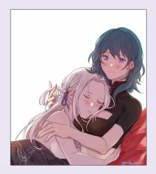 Rule 34 | 2girls, artist name, blanket, blue eyes, blush, breasts, byleth (female) (fire emblem), byleth (fire emblem), cleavage, cleavage cutout, clothed female nude female, clothing cutout, crop top, edelgard von hresvelg, eyelashes, fire emblem, fire emblem: three houses, green hair, hair ribbon, hand in another&#039;s hair, highres, long hair, looking at another, medium hair, multiple girls, nintendo, nude, parted lips, ribbon, sideboob, silver hair, sleeping, smile, yukari (bryleluansing), yuri
