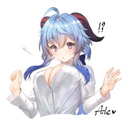 Rule 34 | !?, 1girl, ahoge, aile (crossroads), artist name, blue hair, blush, breasts, bursting breasts, buttons, chestnut mouth, cleavage, ganyu (genshin impact), genshin impact, hands up, highres, horns, large breasts, long hair, long sleeves, open clothes, open mouth, open shirt, popped button, purple eyes, shirt, sidelocks, skindentation, solo, sweatdrop, undersized clothes, unfinished, wardrobe malfunction, white background, white shirt