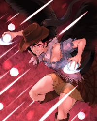 Rule 34 | 13-gou, 1girl, black hair, blue shirt, boots, breasts, brown footwear, brown skirt, clenched teeth, commentary request, cowboy hat, danmaku, feathered wings, grin, hat, horse tail, kurokoma saki, long hair, looking to the side, medium breasts, multicolored clothes, off-shoulder shirt, off shoulder, pegasus wings, ponytail, puffy short sleeves, puffy sleeves, scarf, shirt, short sleeves, sidelocks, skirt, smile, solo, sparkle, tail, teeth, touhou, wings