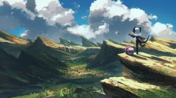 Rule 34 | 1girl, blue sky, city, cliff, cloud, commentary, day, digitan (porforever), english commentary, flipped hair, highres, horns, landscape, mountain, nature, original, outdoors, paper airplane, porforever, scenery, sky, snail, solo, standing, standing on one leg, tail, white hair