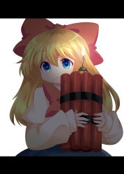 Rule 34 | 1girl, bad id, bad pixiv id, blonde hair, blue eyes, bow, commentary request, dynamite, explosive, female focus, hair bow, hammer (sunset beach), letterboxed, ooedo explosive marionette, shanghai doll, simple background, smile, solo, touhou, white background
