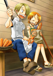 Rule 34 | 1boy, 1girl, aged down, apron, bad id, bad pixiv id, bag, baguette, bandaid, bench, blonde hair, bread, carrot, chef, child, east blue, eyebrows, food, fruit, hair over one eye, knife, nami (one piece), one piece, orange (fruit), orange hair, pole, sandals, sanji (one piece), shoes, short hair, sitting, smile, staff, yamadaenako