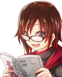 Rule 34 | 1girl, book, cape, glasses, gradient hair, multicolored hair, red cape, ruby rose, rwby, short hair, grey eyes, solo, two-tone hair