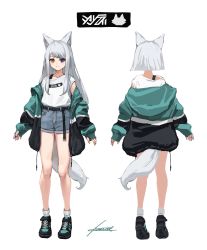 Rule 34 | 1girl, absurdres, animal ear fluff, animal ears, bare legs, belt, black eyes, black jacket, blue eyes, blue shorts, blush, bra strap, closed mouth, commission, fox ears, fox girl, fox tail, from behind, full body, green jacket, hair ornament, hairclip, heterochromia, highres, jacket, kanoe (tatsukanoe), long hair, long sleeves, looking at viewer, multiple views, open clothes, open jacket, original, pixiv commission, shirt, shoes, short hair, short shorts, shorts, signature, simple background, sleeves past wrists, smile, sneakers, socks, standing, swept bangs, tail, white background, white legwear, white shirt, yellow eyes